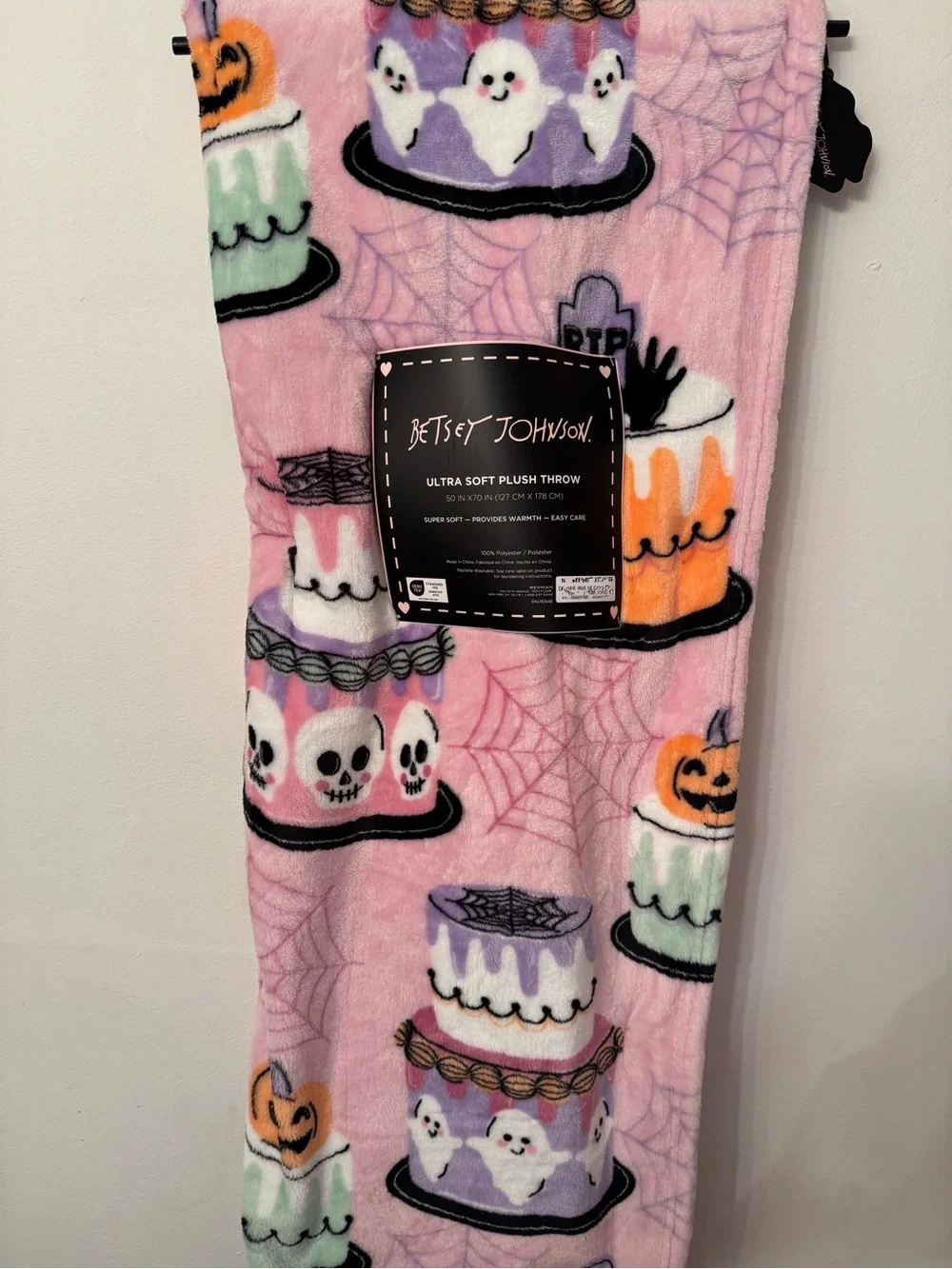 Betsey Johnson Pink Halloween Plush Throw with Ghost & Cake Pattern
